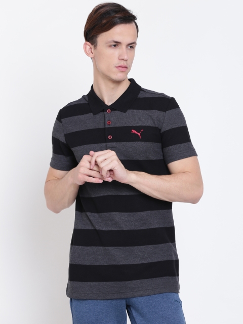 

Puma Men Black & Charcoal Grey Slim Fit Striped Polo Collar HEATHER T-shirt