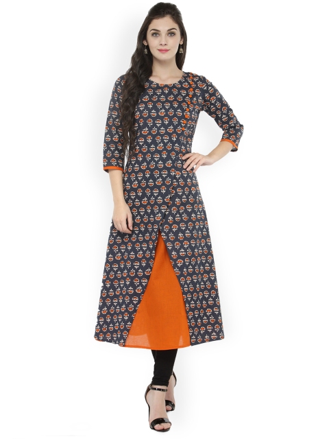 

Azira Women Grey & Orange Printed A-Line Kurta