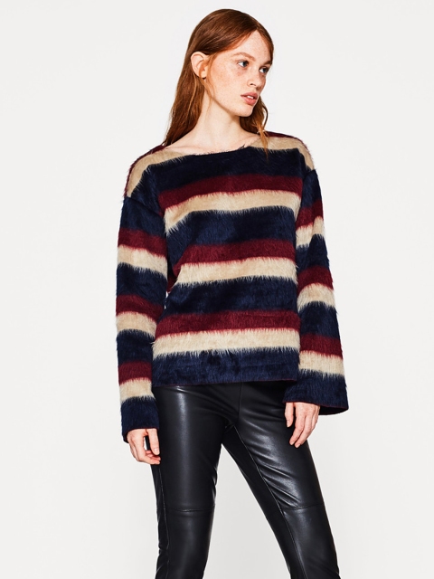 

ESPRIT Women Navy & Maroon Striped Sweater, Navy blue