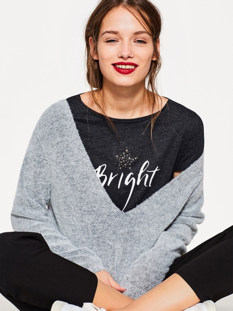 

ESPRIT Women Charcoal Grey Printed Round Neck T-shirt