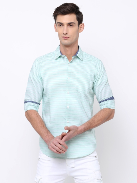 

Black coffee Men Green & White Slim Fit Striped Casual Shirt