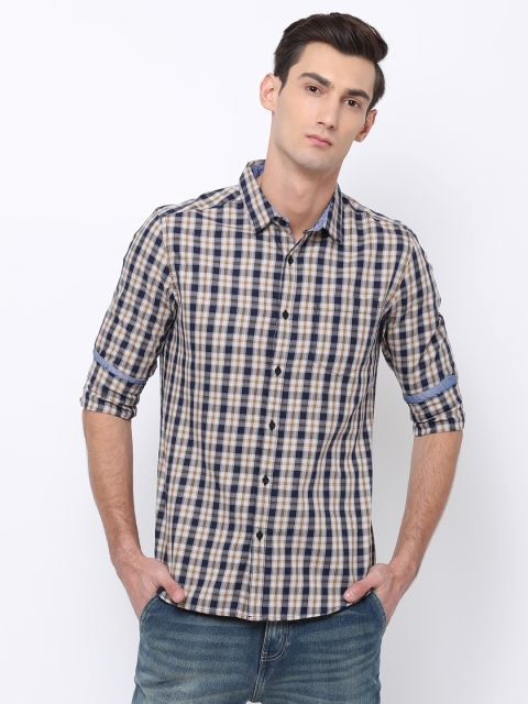 

Black coffee Men Navy Blue & Beige Slim Fit Checked Casual Shirt