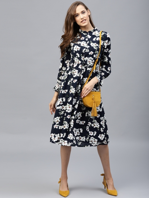 

Tokyo Talkies Women Navy Blue & White Floral Print A-Line Dress