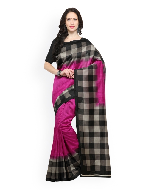 

Satrani Pink & Black Silk Cotton Checked Saree