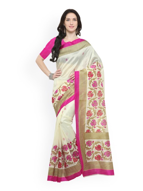 

Satrani Off-White & Pink Silk Cotton Printed Saree