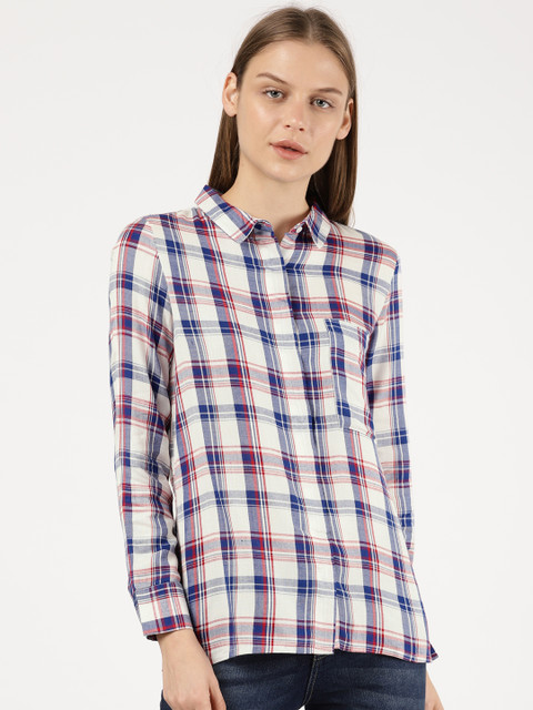 

ether Women Blue & White Regular Fit Checked Casual Shirt