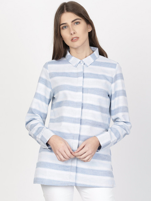 

ether Women Blue & White Regular Fit Striped Casual Shirt