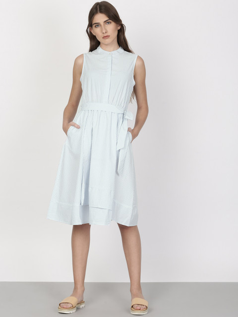 

ether Women Blue Striped Fit and Flare Dress