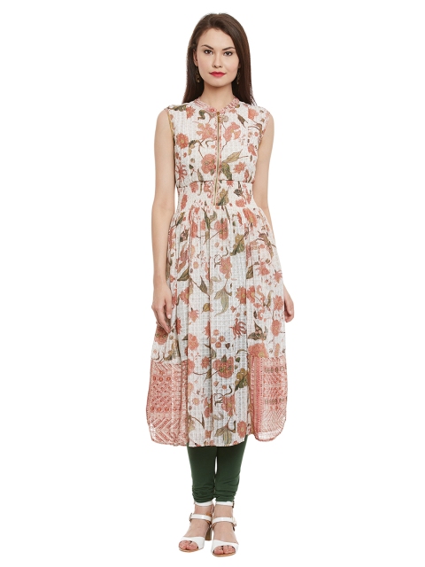

Ritu Kumar Women Off-White & Pink Floral Printed A-Line Kurta