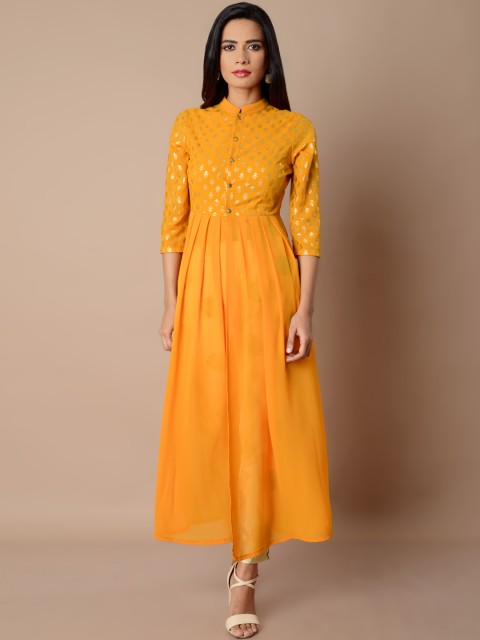 

INDYA Women Mustard Yellow Printed A-Line Kurta