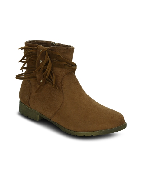 

Get Glamr Women Tan Solid Synthetic Suede High-Top Flat Boots