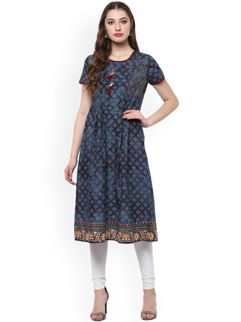 

Evam Women Blue Printed Straight Kurta