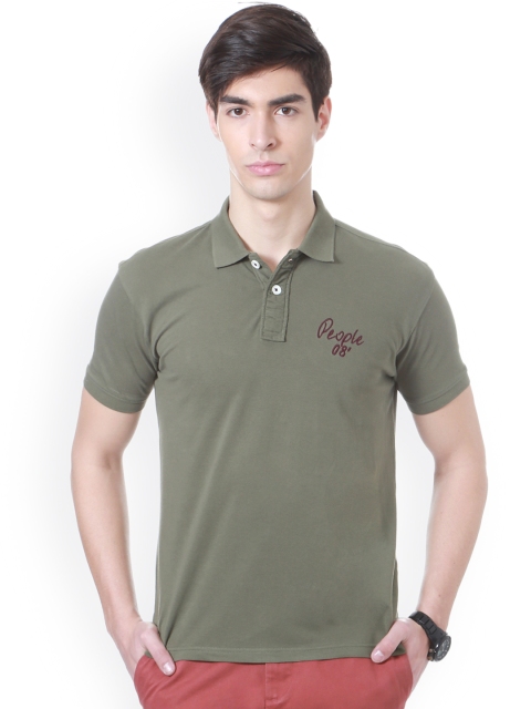 

People Men Olive Green Solid Polo Collar T-shirt