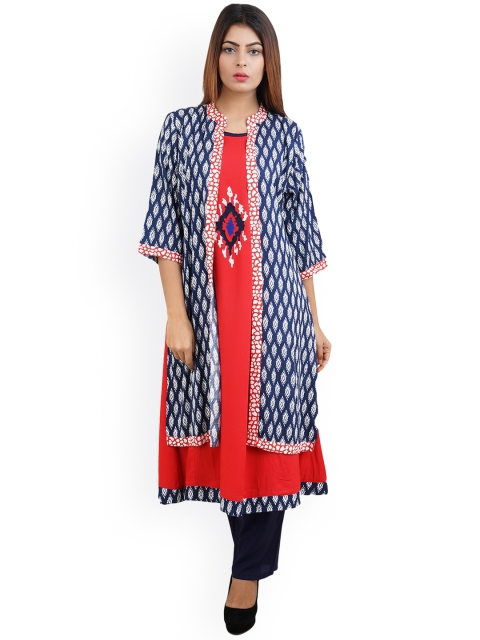 

Kurti's by Menka Women Blue & Red Printed A-Line Kurta