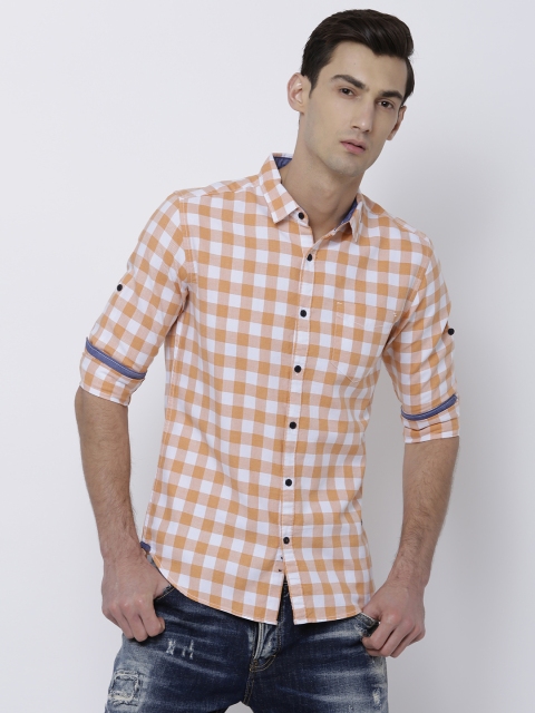 

LOCOMOTIVE Men Orange & White Slim Fit Checked Casual Shirt