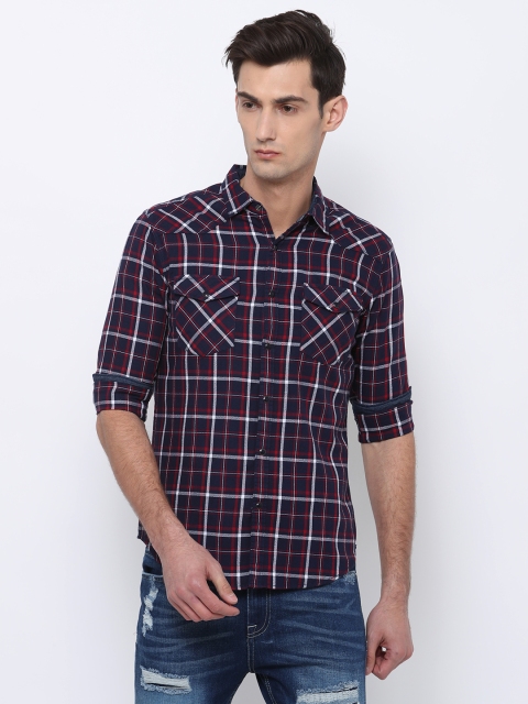 

LOCOMOTIVE Men Navy & White Slim Fit Checked Casual Shirt, Navy blue
