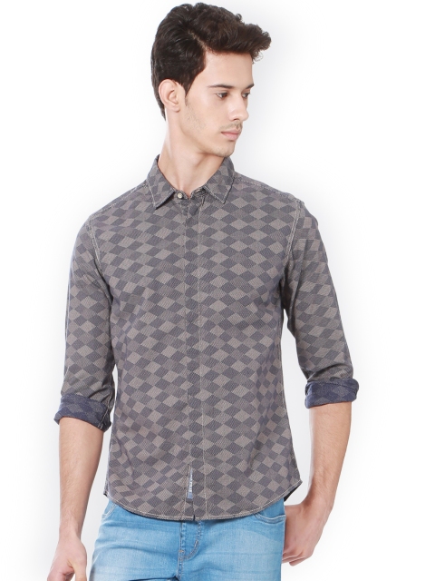 

People Men Grey & Navy Blue Slim Fit Printed Casual Shirt