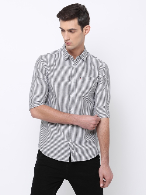 

Black coffee Men White & Grey Slim Fit Striped Casual Shirt