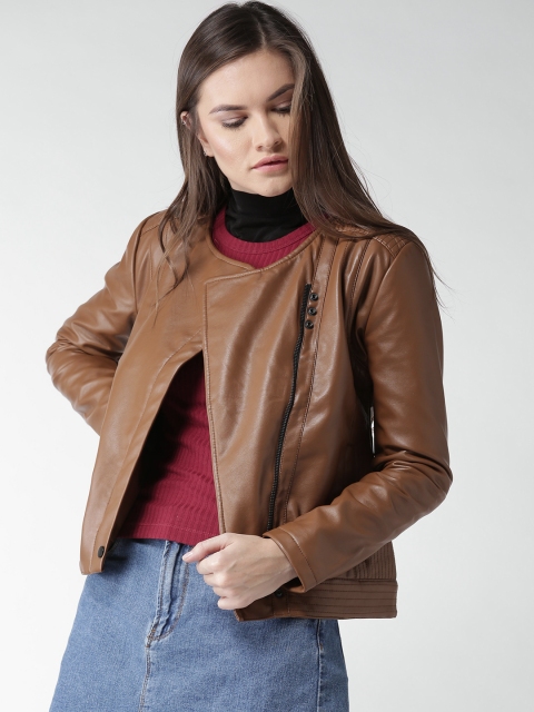 

Okane Women Brown Solid Asymmetric Closure Biker Jacket
