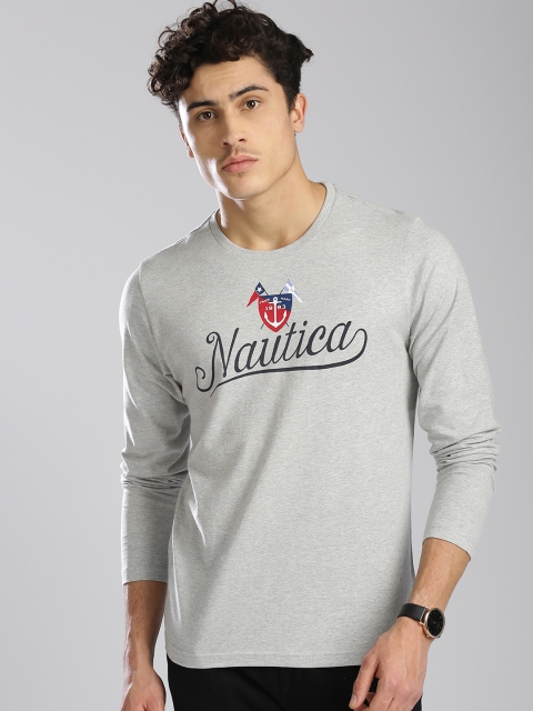 

Nautica Men Grey Melange Printed Round Neck T-shirt