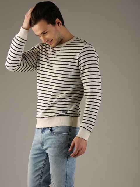 

Flying Machine Men Off-White & Charcoal Grey Striped Sweatshirt