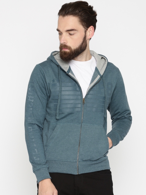 

Flying Machine Men Teal Blue Printed Hooded Sweatshirt