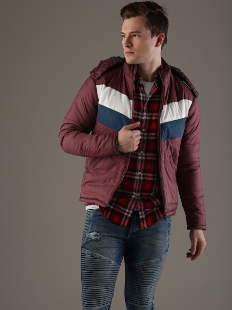 

Flying Machine Men Burgundy Solid Panelled Padded Jacket with Detachable Hood