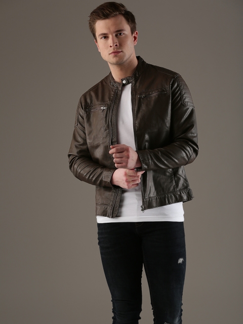 

Flying Machine Men Coffee Brown Solid Biker Jacket
