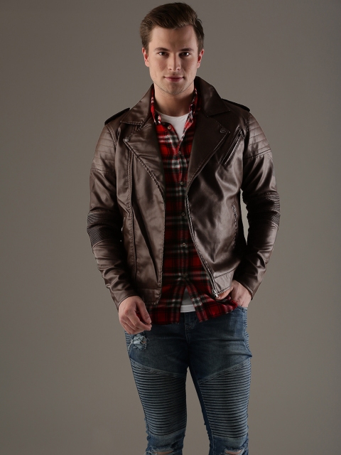 

Flying Machine Men Coffee Brown Solid Asymmetric Closure Biker Jacket