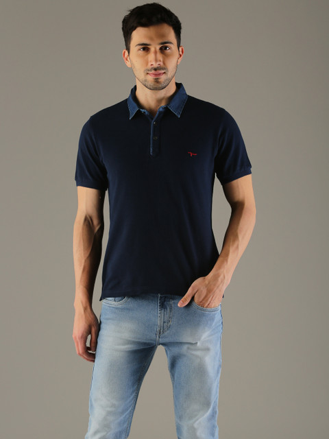 

Flying Machine Men Navy Slim Fit Solid Polo Collar T-shirt, Navy blue