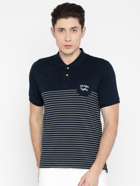 

Flying Machine Men Navy Blue Slim Fit Striped Polo Collar Pure Cotton T-shirt