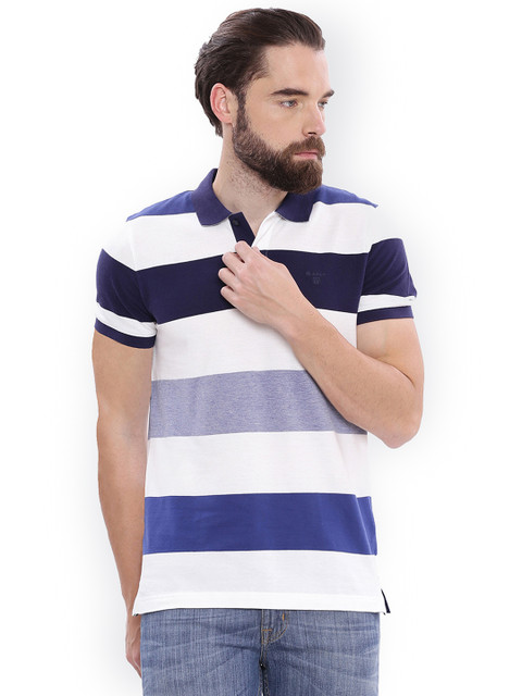 

GANT Men White & Navy Blue Striped Polo Collar T-shirt