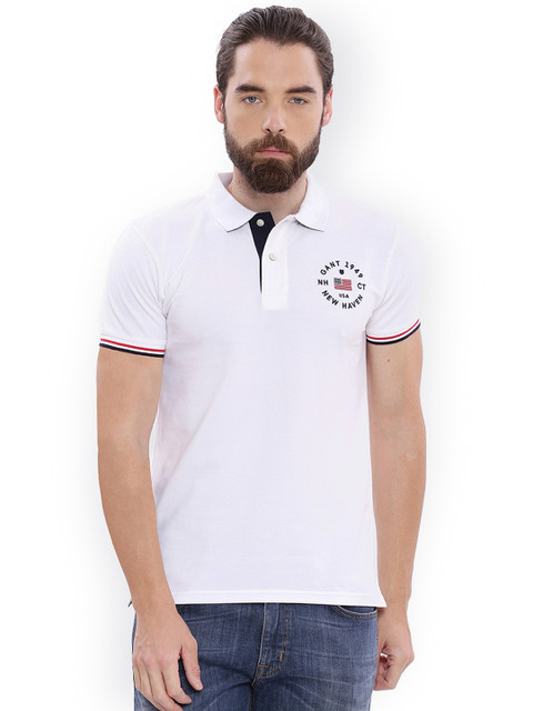 

GANT Men White Self Design Polo Collar T-shirt