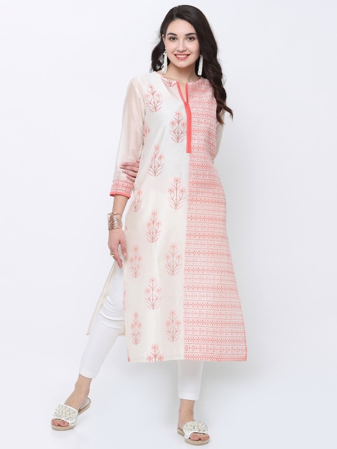 

Vishudh Women Cream-Coloured & Coral Printed Straight Kurta