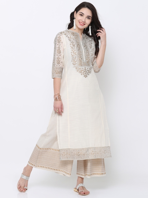 

Vishudh Women Cream-Coloured & Gold-Toned Printed Straight Kurta