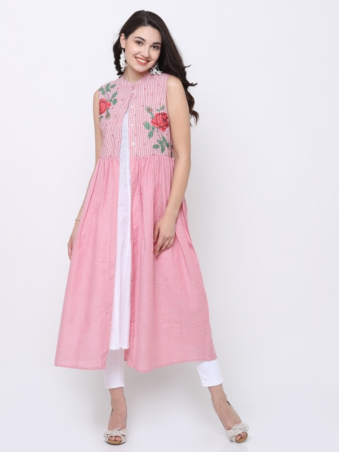 

Vishudh Women Red & Pink Striped Layered Anarkali Kurta