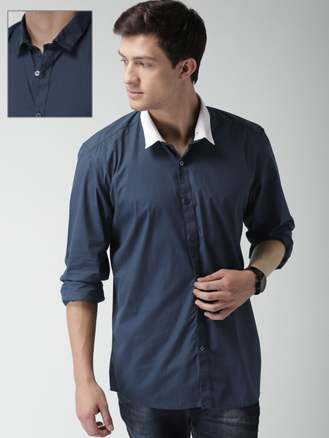 

Mast & Harbour Men Blue Slim Fit Solid Casual Shirt with Detachable Collar, Navy blue