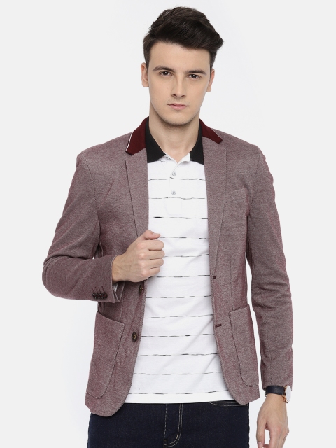 

Jack & Jones Men Maroon Self Design Slim Fit Single-Breasted Casual Blazer