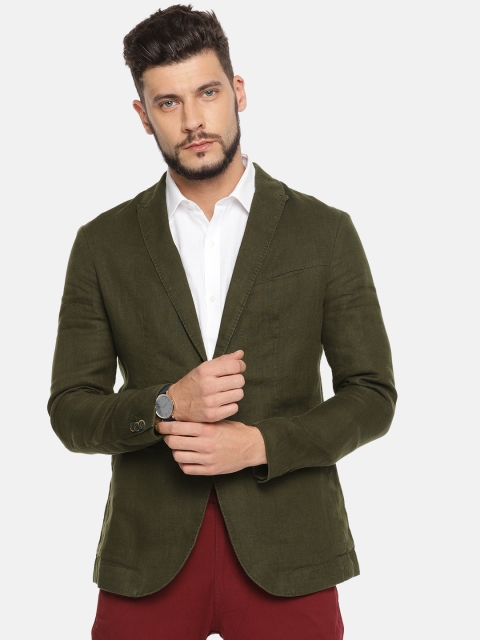 

Jack & Jones Men Olive Green Solid Single-Breasted Casual Blazer