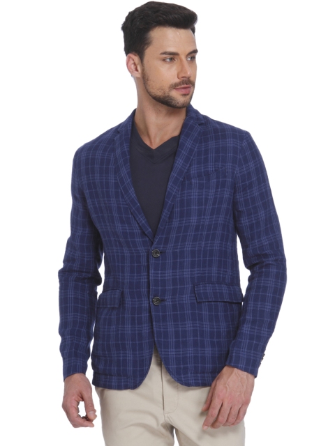 

Jack & Jones Men Navy Blue Regular Fit Checked Casual Linen Blazer
