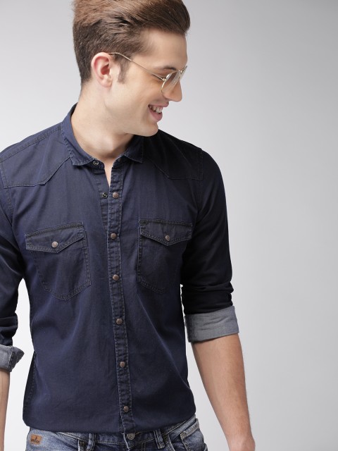 

Mast & Harbour Men Navy Blue Regular Fit Solid Denim Shirt