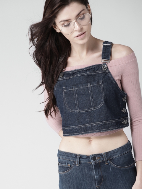 

Mast & Harbour Women Navy Solid Crop Denim Top, Navy blue