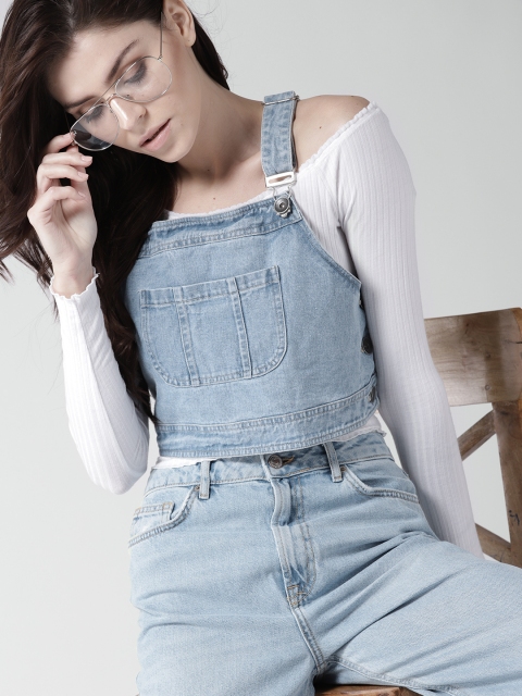 

Mast & Harbour Women Blue Solid Crop Denim Pure Cotton Top