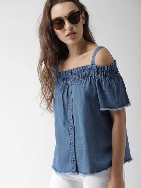 

Mast & Harbour Women Blue Solid Bardot Off-shoulder Chambray Top