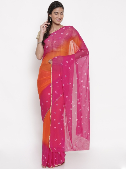 

Pavechas Orange & Pink Pure Chiffon Dyed Bandhani Saree