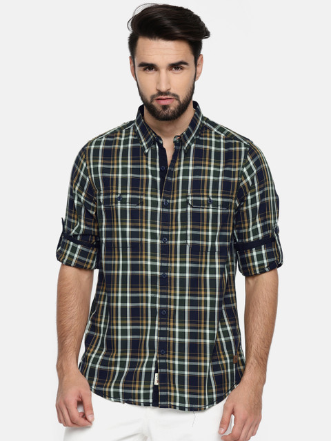 

Roadster Men Navy & Brown Regular Fit Checked Casual Shirt, Navy blue