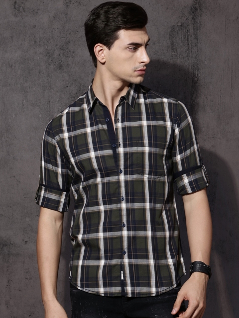 

Roadster Men Navy & Olive Green Regular Checked Casual Shirt, Navy blue