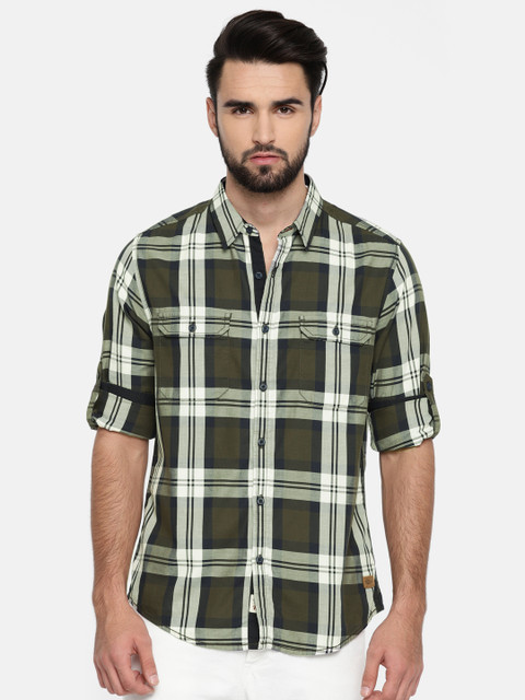 

Roadster Men Navy & Green Checked Casual Shirt, Navy blue