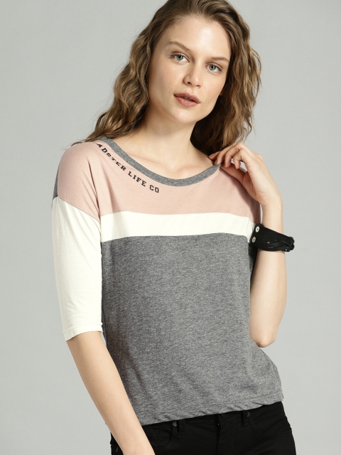 

Roadster Women Grey & Dusty Pink Colourblocked Round Neck T-shirt