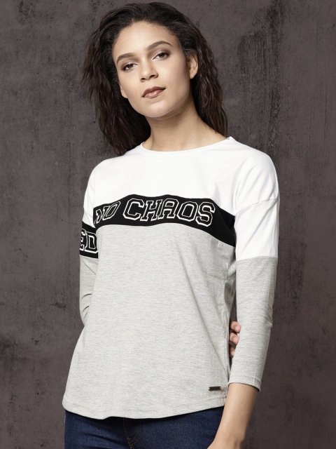 

Roadster Women Grey Melange & White Colourblocked Round Neck T-shirt